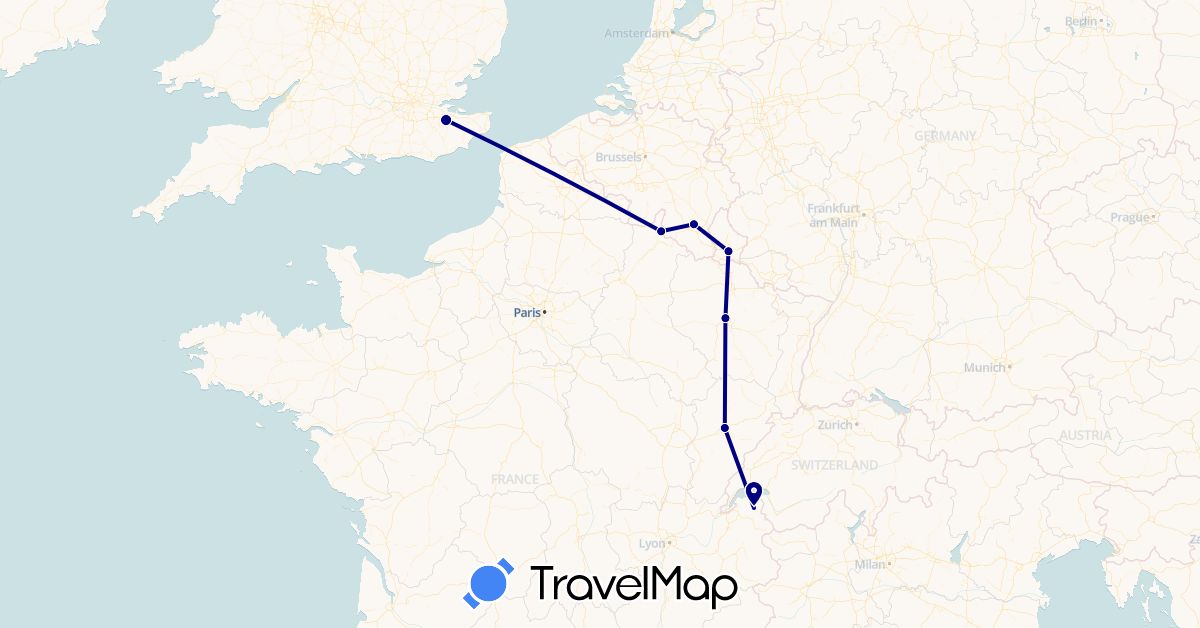 TravelMap itinerary: driving in Belgium, France, United Kingdom, Luxembourg (Europe)